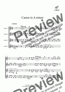 page one of Canon in A minor for guitar quartet