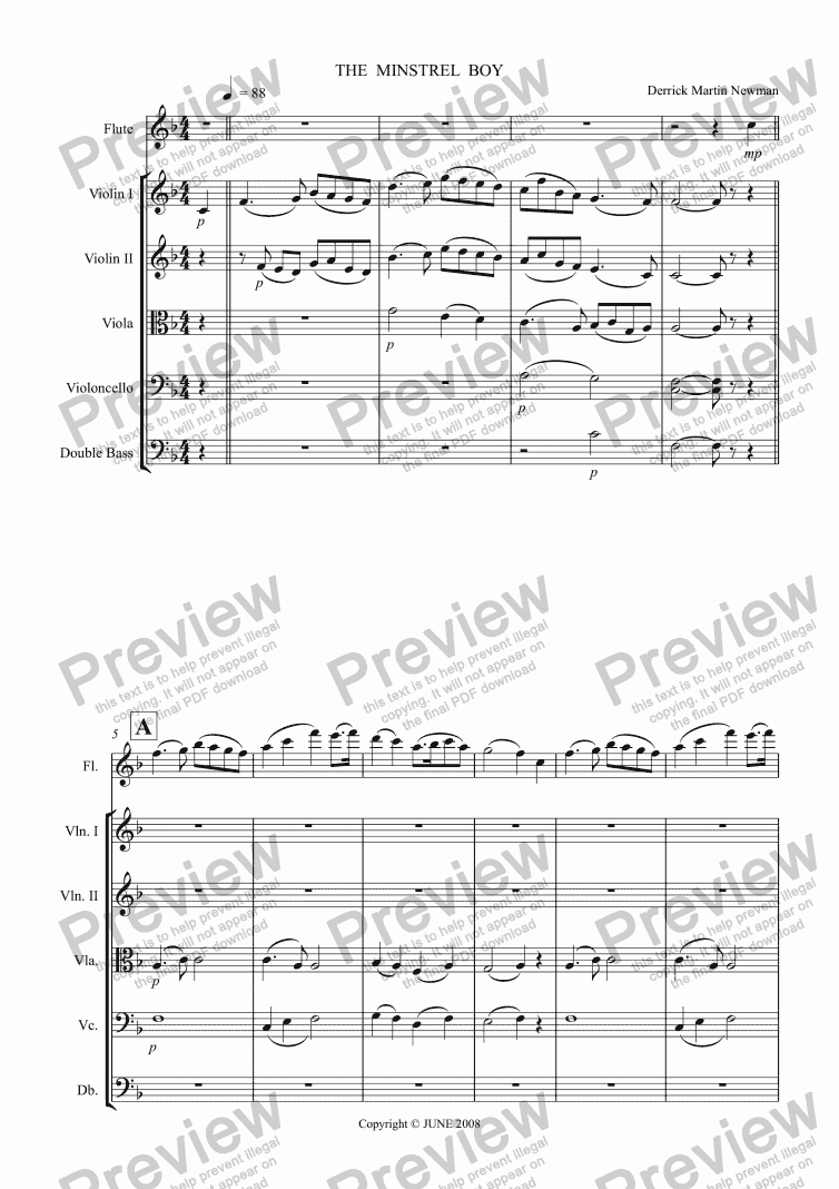 page one of THE MINSTREL BOY - Flute + Strings op.5 no.3 
