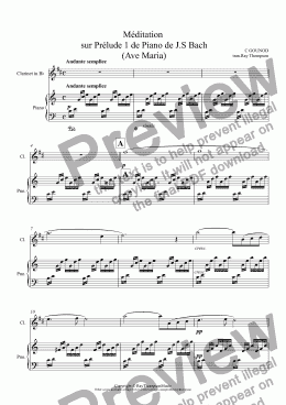 page one of Méditation  sur Prélude 1 de Piano de J.S Bach  (Ave Maria)(Wedding Ceremony) arranged clarinet and piano