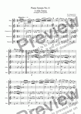 page one of Mozart: Piano Sonata No.11 in A K331: III.Rondo Alla Turca (Turkish March) arranged wind quintet
