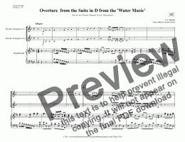 page one of Overture from the Suite in D from the ’Water Music’  for two D Trumpets Keyboard