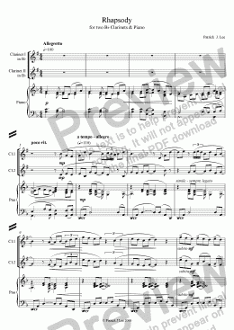 page one of Rhapsody for two clarinets + piano