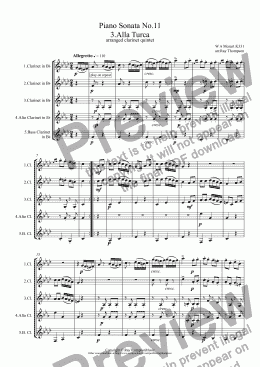 page one of Piano Sonata No.11 in A K331: III.Rondo Alla Turca (Turkish March) arranged clarinet quintet