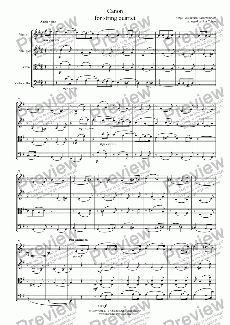 page one of Rachmaninov - CANNON - for string quartet