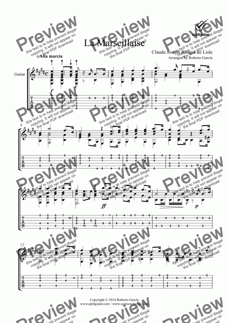 page one of La Marseillaise for solo guitar
