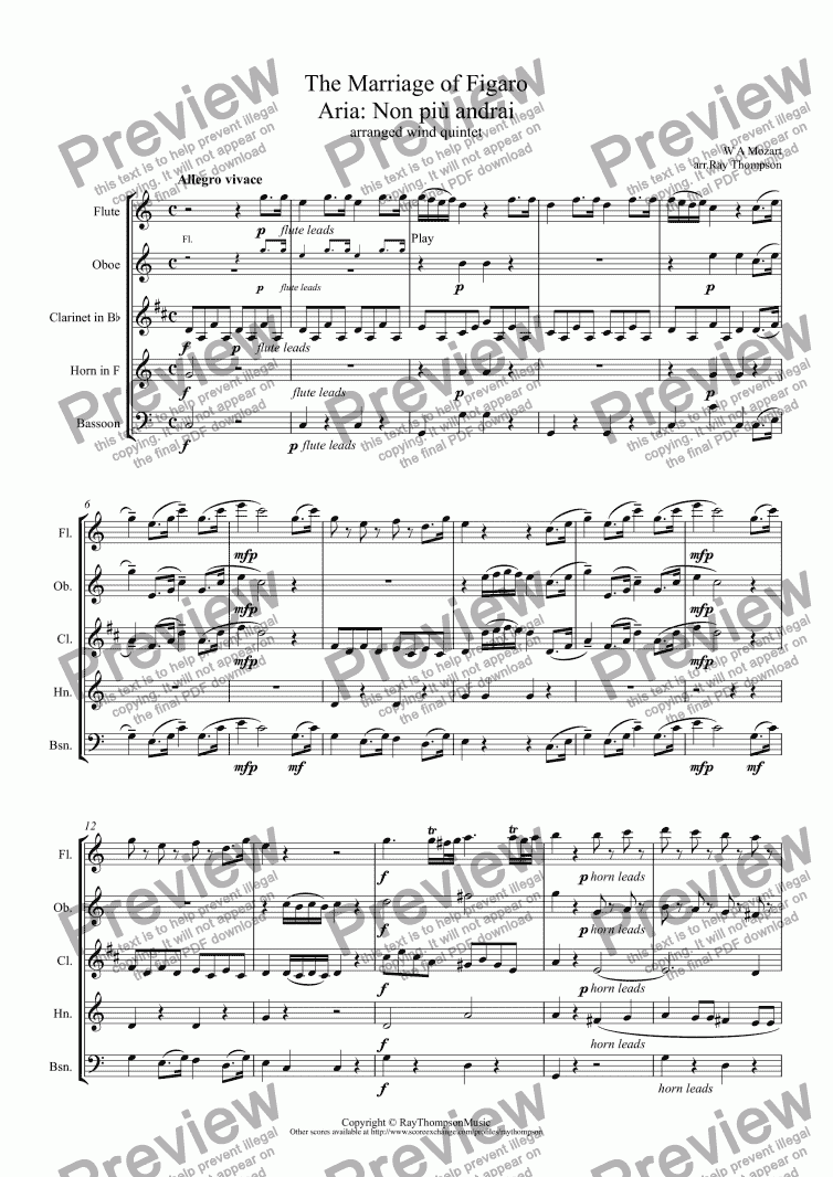 page one of Mozart: Aria "Non Più Andrai"  (in a Military Style) from The Marriage of Figaro (arranged wind quintet)
