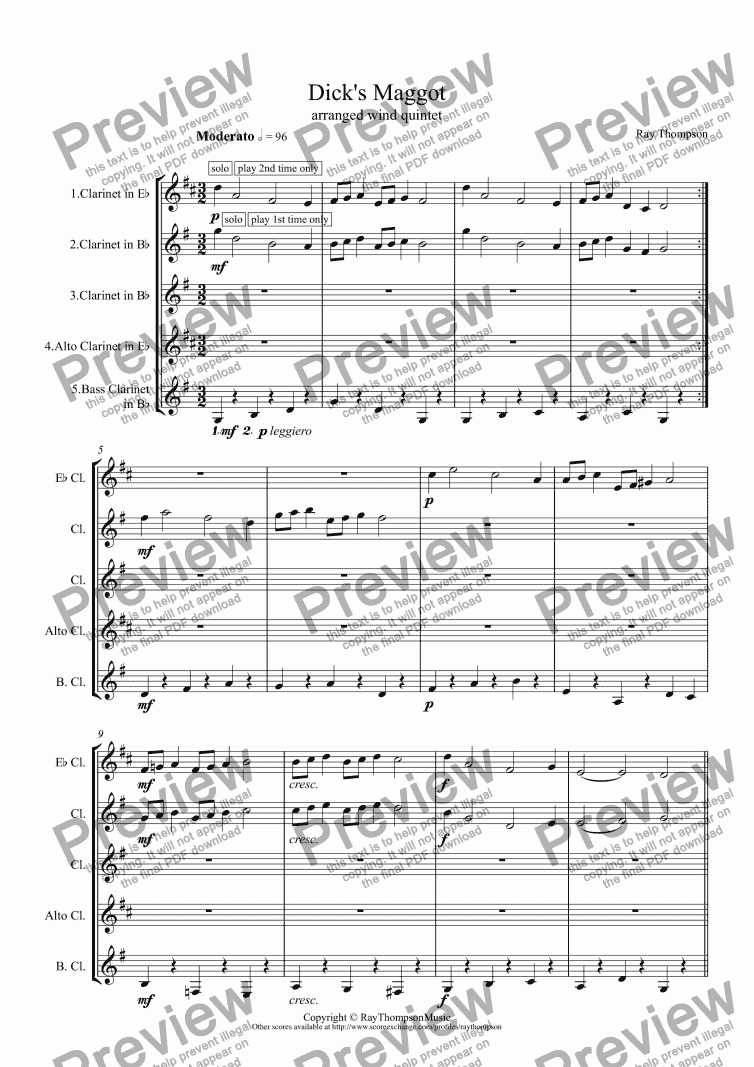 page one of "Dick’s Maggot" arranged clarinet quintet