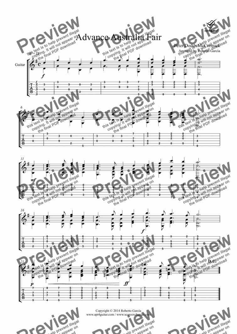 page one of Advance Australia Fair for solo guitar