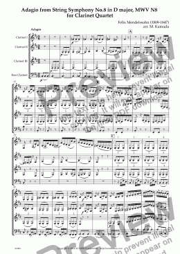 page one of Adagio from String Symphony No.8 in D major, MWV N8  for Clarinet Quartet