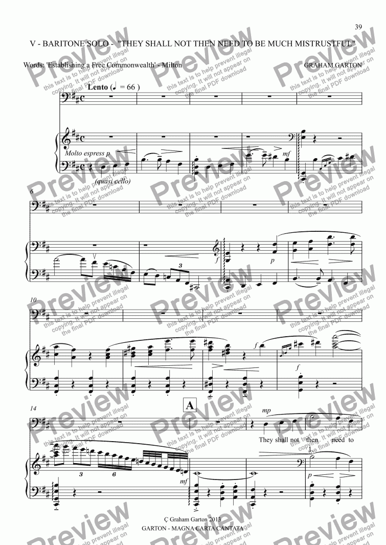 page one of MAGNA CARTA CANTATA Vocal Score No. 5 Baritone Solo "They shall not then need to be much distrustful"   
