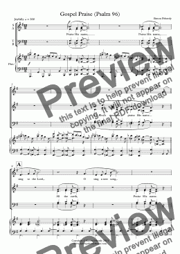 page one of Gospel Praise (Psalm 96) SATB choir, piano, sop solo, flute