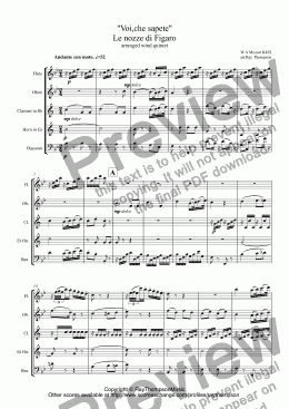 page one of Mozart: Aria:"Voi,che sapete" Le nozze di Figaro arranged wind quintet
