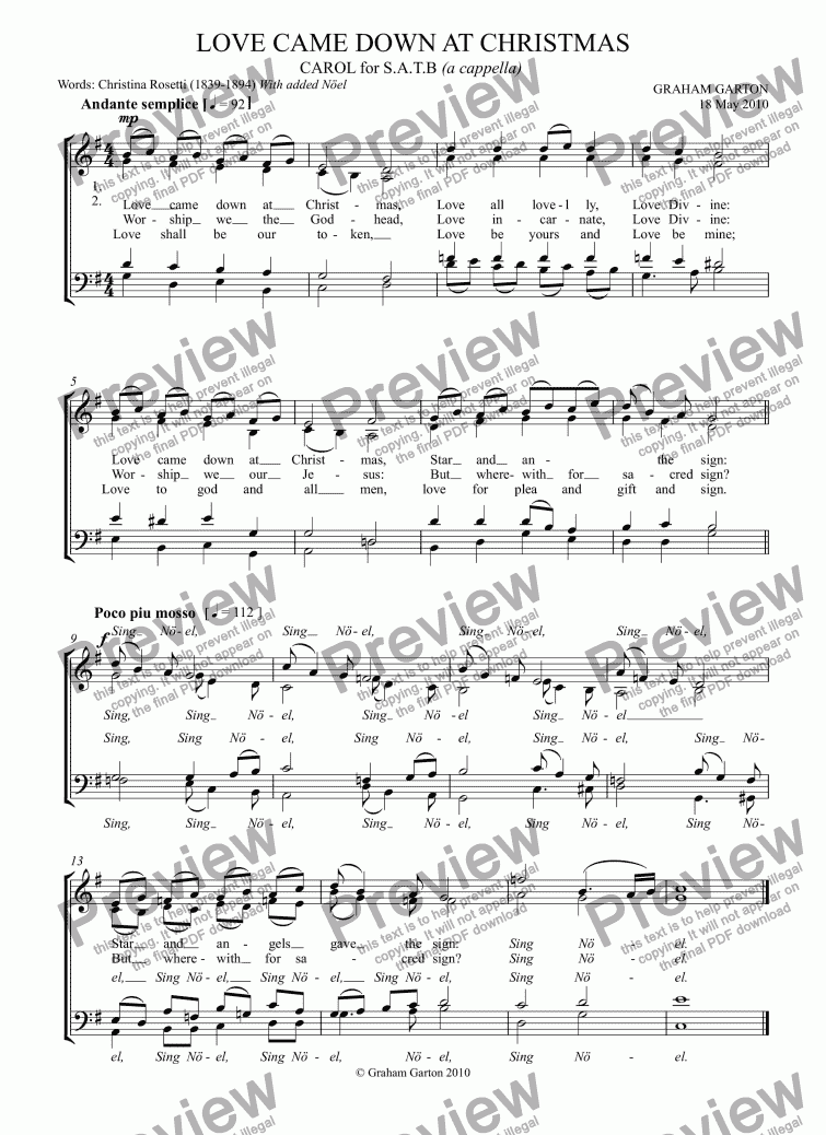 page one of CAROL - ’LOVE CAME DOWN AT CHRISTMAS’ for Choir SATB a cappella