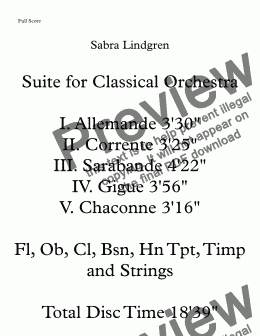page one of Suite for Classical Orchestra, Appended Scores I. Allemande II. Corrente III. Sarabande IV. Gigue V. Chaconne