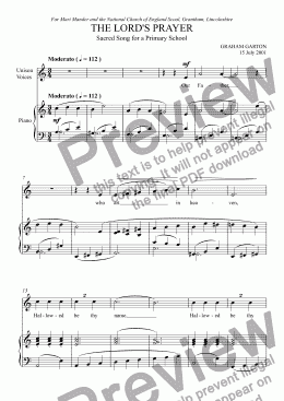 page one of SONG- THE LORD’S PRAYER Sacred Song for a Primary School Unison Voices with Piano