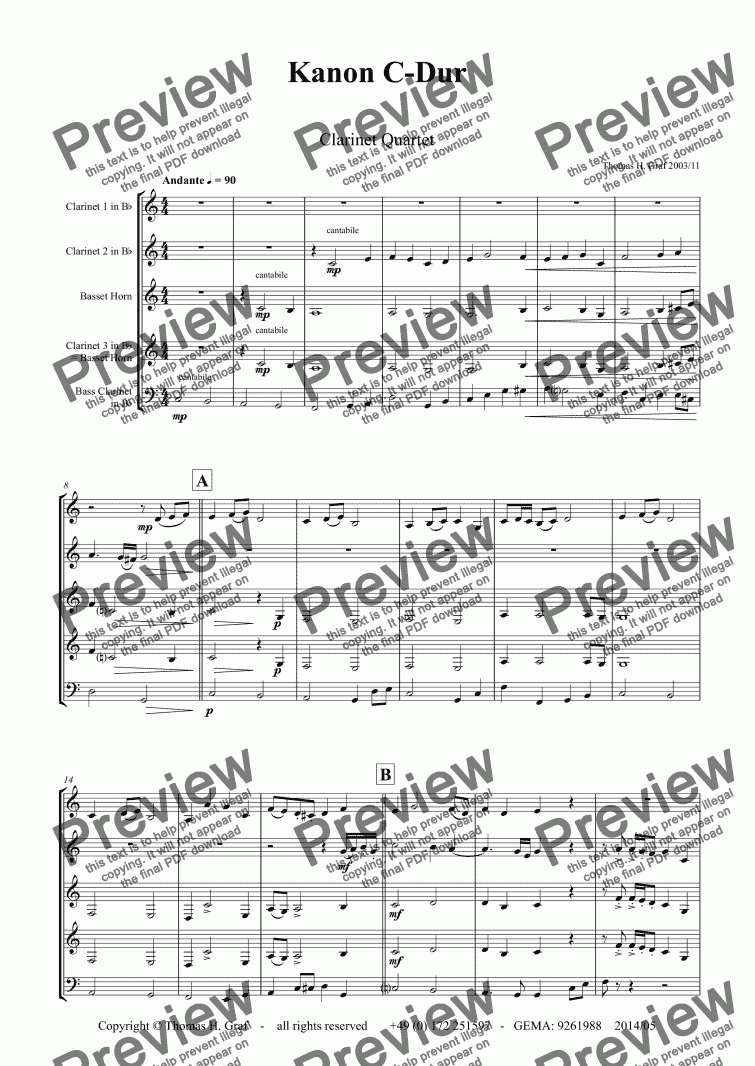 page one of Kanon C-Dur - Clarinet Quartet