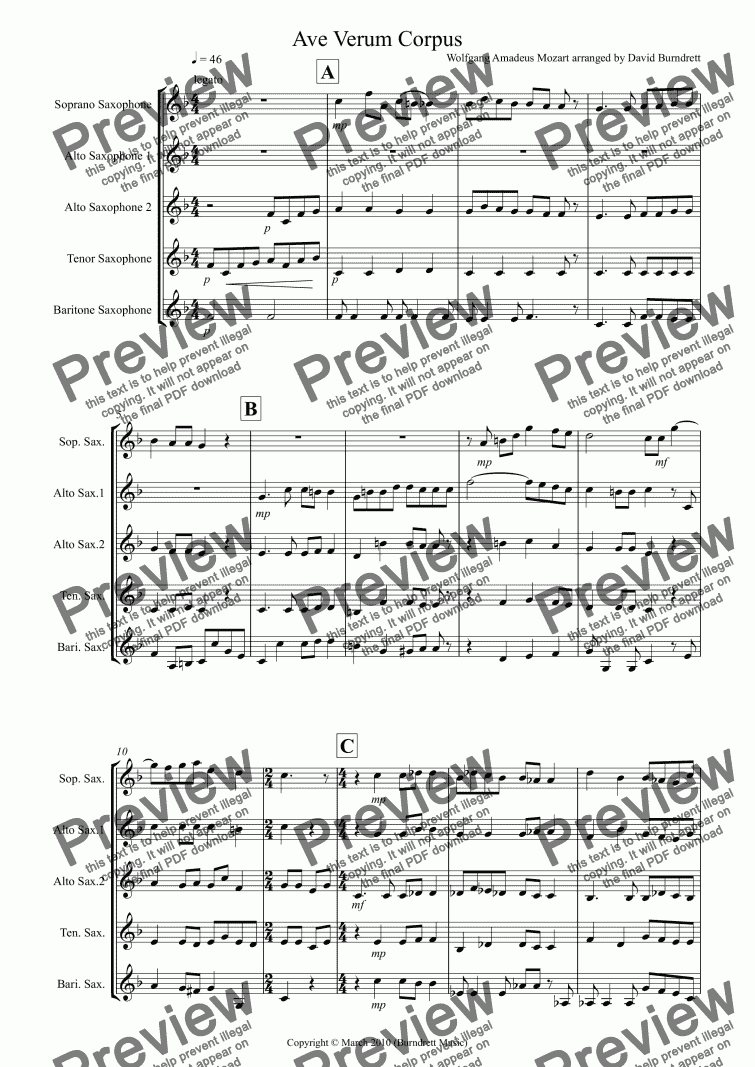 page one of Ave Verum Corpus for Saxophone Quintet