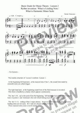 page one of Basic Etude for Music Theory : Lesson 2  /　Rythm invention / What is Leading Note / What is Harmonic Minor Scale