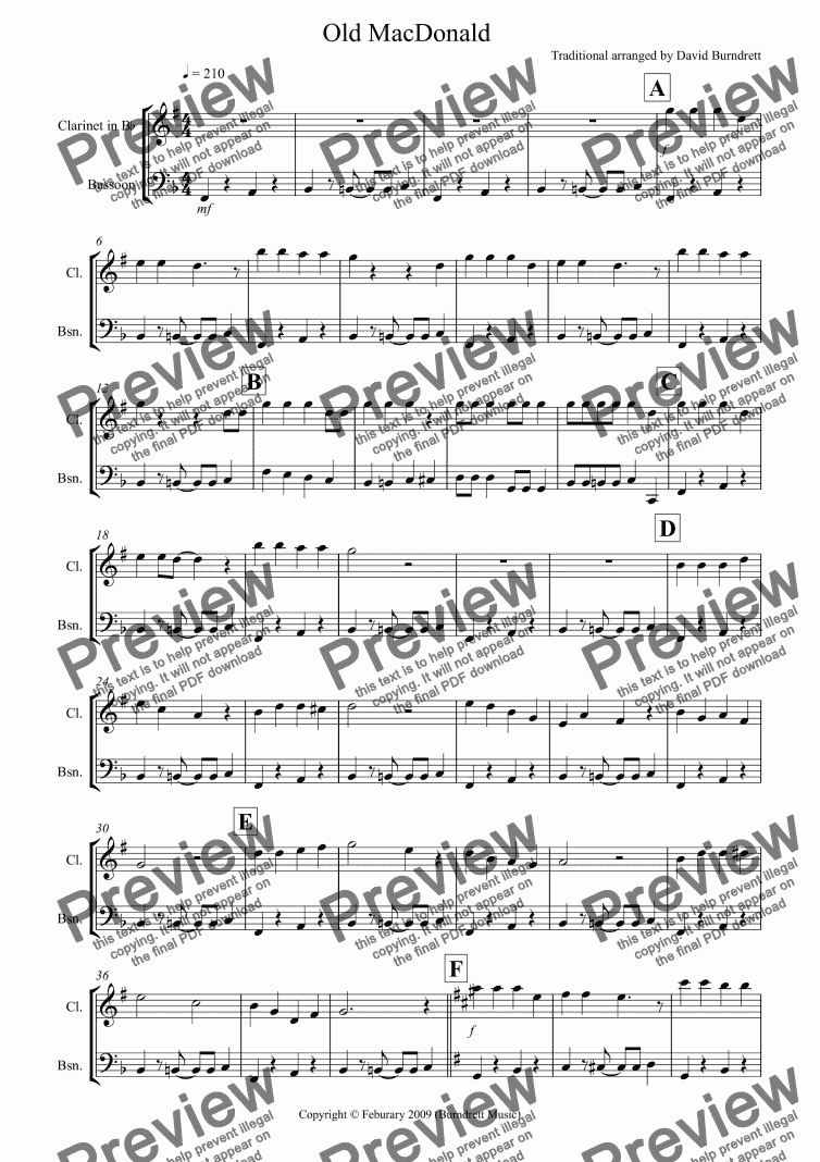 page one of Old MacDonald! for Clarinet and Bassoon Duet