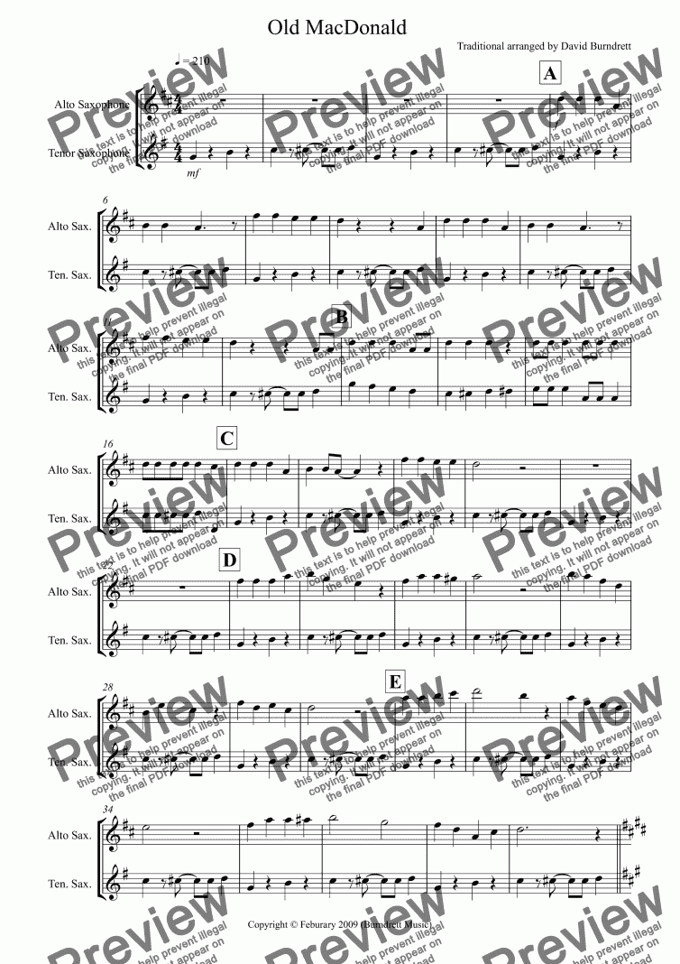 page one of Old MacDonald! for Alto and Tenor Saxophone Duet