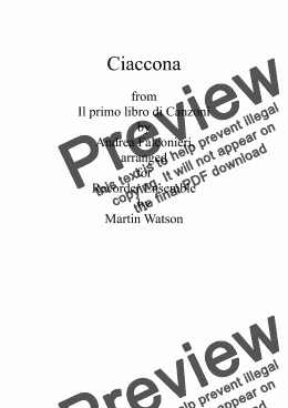 page one of Ciaccona by A. Falconieri for Recorder Ensemble.