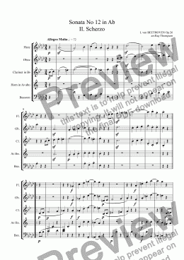 page one of Beethoven: Piano Sonata No 12 in Ab Op.26 Mvt II. Scherzo (arranged wind quintet)