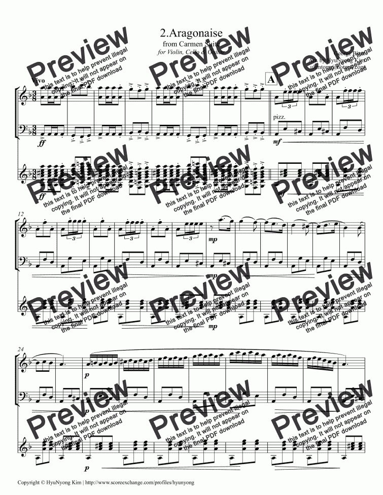 page one of Carmen Suite (2.Aragonaise) for Violin, Cello & Guitar
