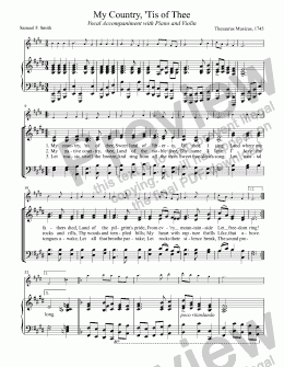 page one of America (TRADITIONAL) or My Country, ’Tis of Thee - Vocal accompaniment for Piano and Solo Violin