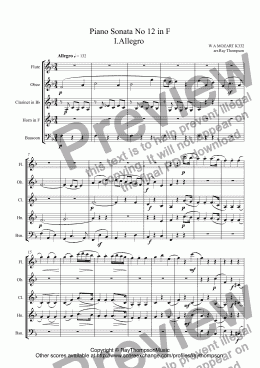 page one of Mozart: Piano Sonata No 12 in F K332: Mvt. I.Allegro (arr.wind quintet)