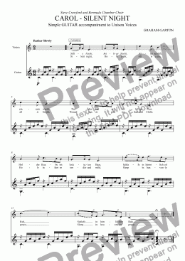 page one of CAROL - ’SILENT NIGHT’ Simple GUITAR accompaniment to Unison VOICES in Franz Grüber’s immortal melody      