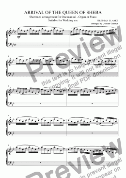 page one of ORGAN MUSIC - ARRIVAL OF THE QUEEN OF SHEBA arranged for ONE MANUAL Organ or Piano, Suitable for Weddings