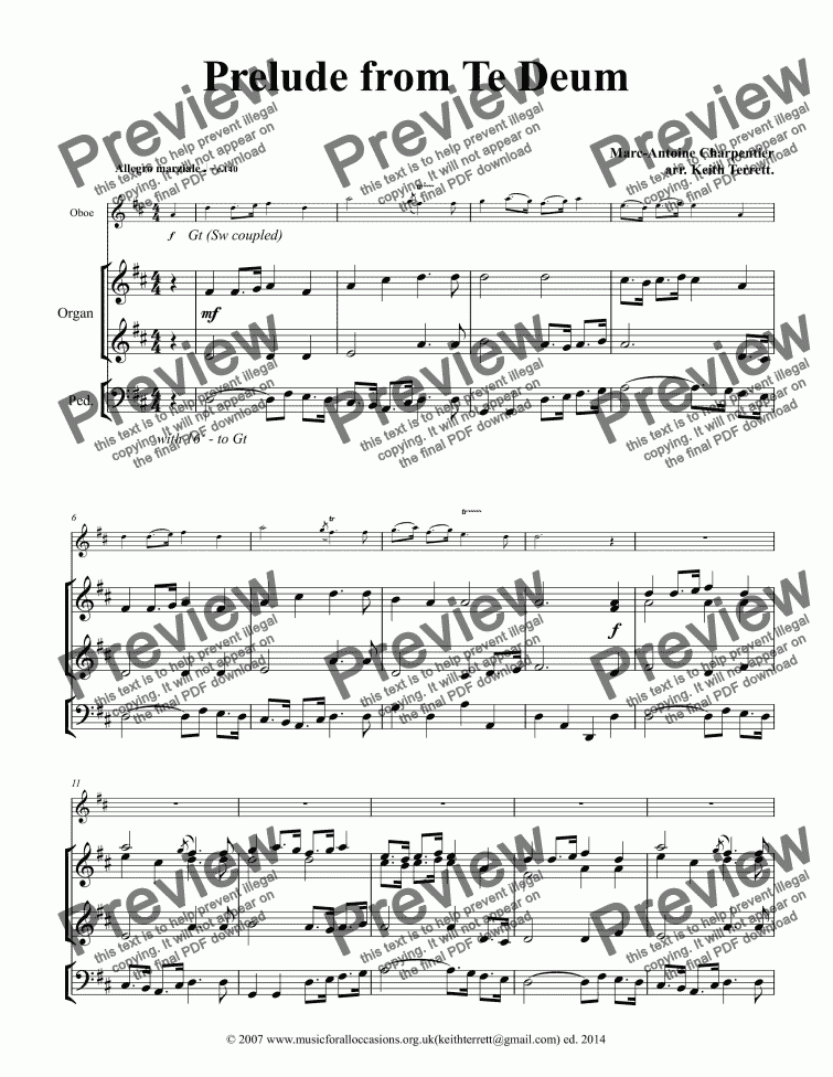 page one of Prelude from the Te Deum for Oboe & Organ