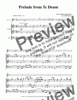 page one of Prelude from Te Deum  (Eurovision Song Contest Theme) for French Horn & Organ w pedals (Intermediate version)