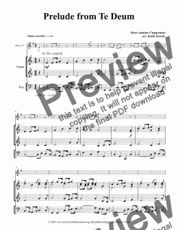 page one of Prelude from Te Deum  (Eurovision Song Contest Theme) for French Horn & Organ w pedals (Lower version)