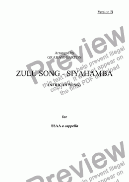 page one of ZULU SONG - SIYA HAMBA KOO KEN YENNY KWEN KOSS Version B SSAA a cappella