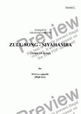 page one of ZULU SONG - SIYA HAMBA KOO KEN YENNY KWEN KOSS Version C High Key SSAA a cappella 