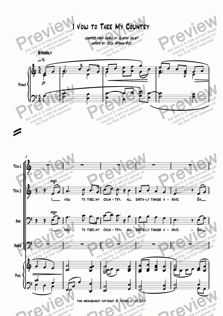 page one of I Vow to Thee My Country (for TTBB chorus & piano)
