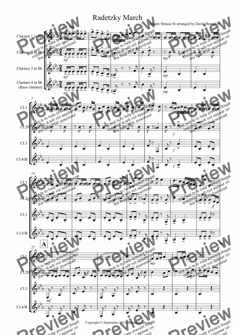 page one of Radetzky March for Clarinet Quartet