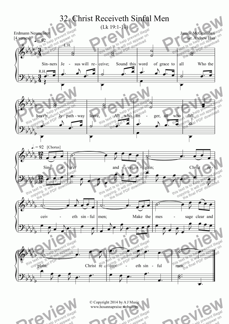 page one of Christ Receiveth Sinful Men - Easy Piano 32