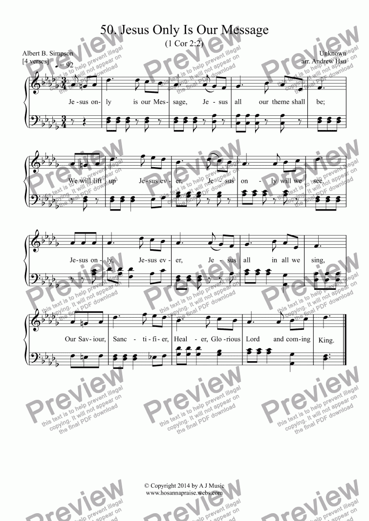 page one of Jesus Only Is Our Message - Easy Piano 50