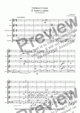 page one of Debussy: Children’s Corner II. Jimbo’s Lullaby (wind quintet)