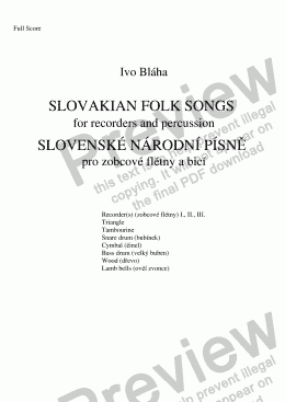 page one of SLOVAKIAN FOLK SONGS for recorders (or other soprano instruments) & percussion