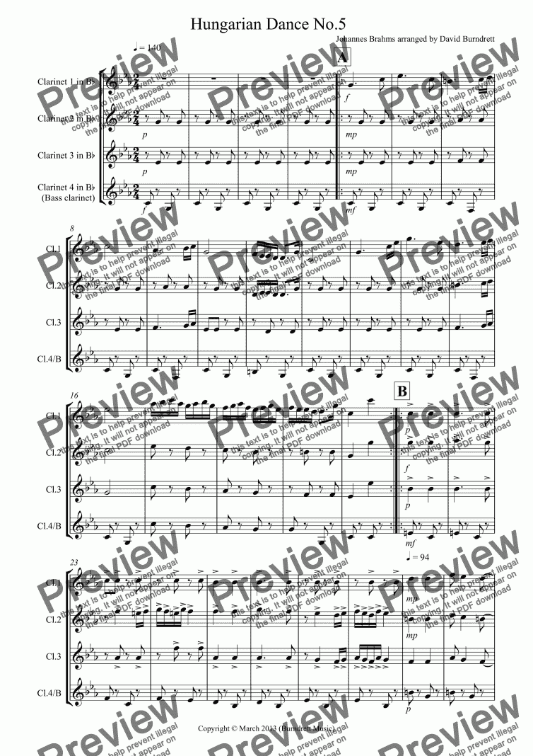 page one of Hungarian Dance No.5 for Clarinet Quartet