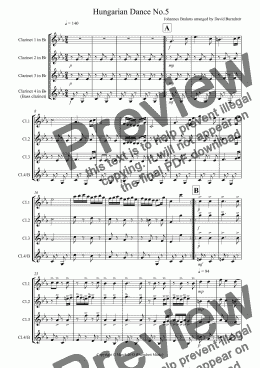 page one of Hungarian Dance No.5 for Clarinet Quartet