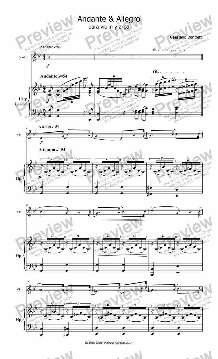 page one of Donizetti Andante & Allegro for violin or flute & harp