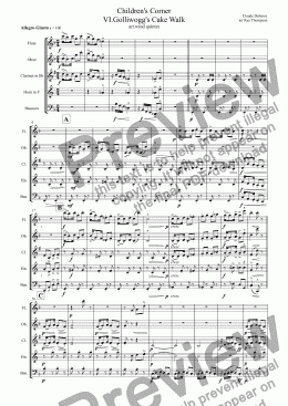 page one of Debussy: Children’s Corner: VI.Golliwogg’s Cake Walk (wind quintet)