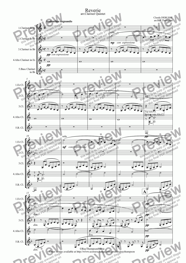 page one of Debussy: "Reverie" (clarinet quintet)