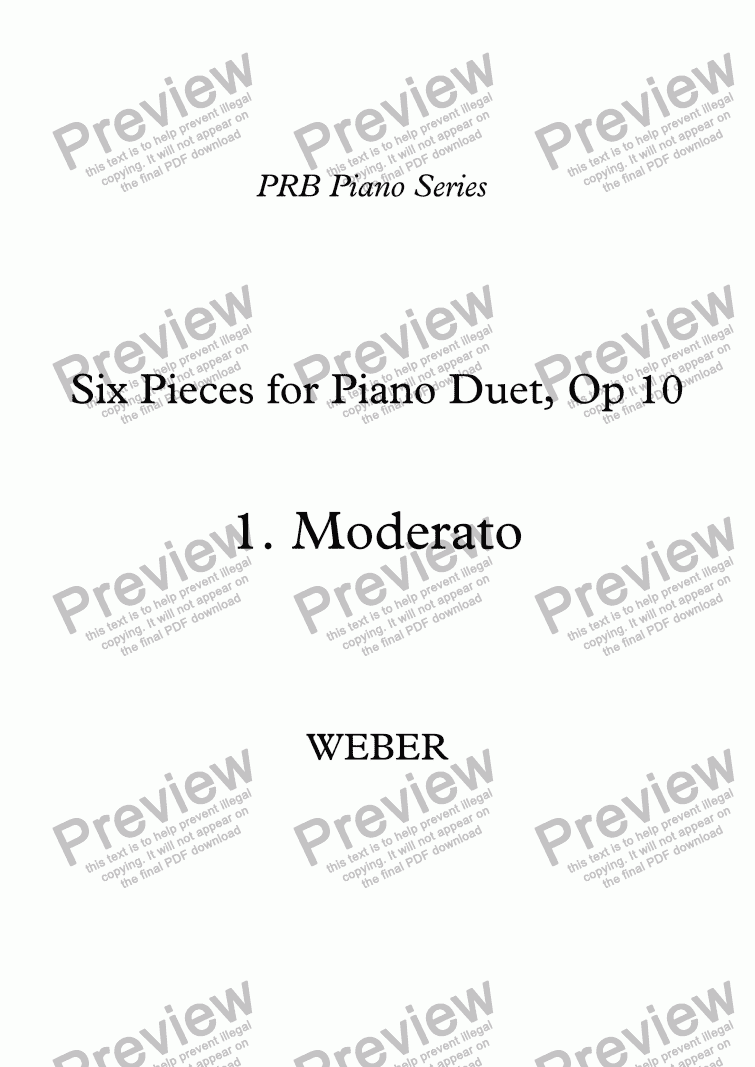 page one of PRB Piano Series: Six Pieces for Piano Duet - (1) Moderato