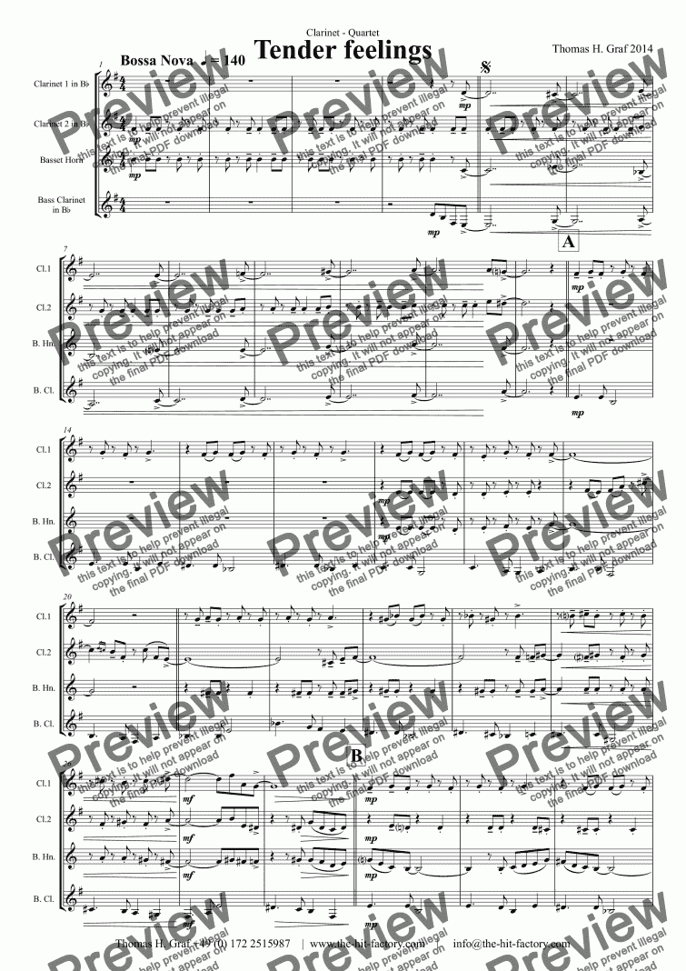page one of Tender feelings - Clarinet Quartet