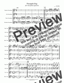 page one of Joplin - Pineapple Rag (Saxophone Quartet SATB)